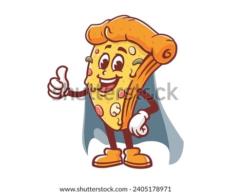 Pizza with caped superhero style  cartoon mascot illustration character vector clip art