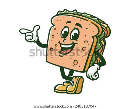 Sandwich with pointing hand cartoon mascot illustration character vector clip art