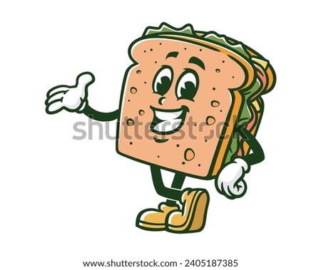 Sandwich with smile and welcoming hand pose cartoon mascot illustration character vector clip art