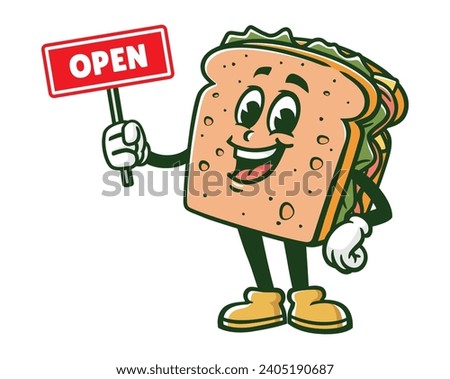 Sandwich with open sign board cartoon mascot illustration character vector clip art
