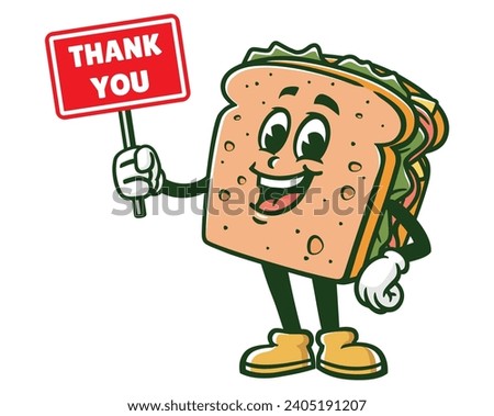 Sandwich with thank you sign board cartoon mascot illustration character vector clip art