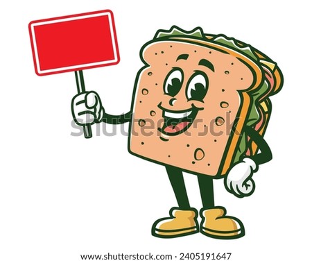 Sandwich with blank sign board cartoon mascot illustration character vector clip art
