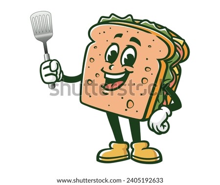 Sandwich with spatula cartoon mascot illustration character vector clip art