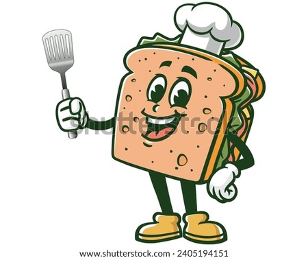 Sandwich with spatula and wearing a chef's hat cartoon mascot illustration character vector clip art Royalty-Free Stock Photo #2405194151