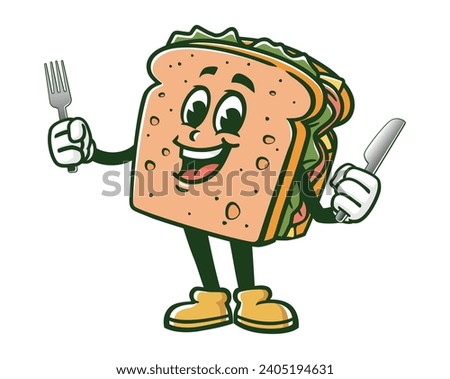Sandwich with a fork and knife cartoon mascot illustration character vector clip art