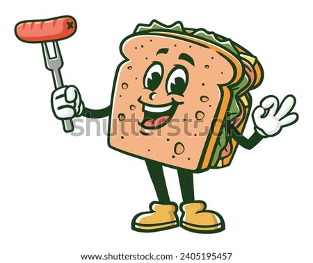 Sandwich with sausage and okay hand pose cartoon mascot illustration character vector clip art