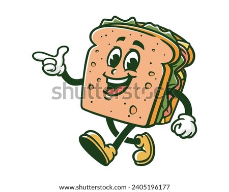 walking Sandwich with pointing hand  cartoon mascot illustration character vector clip art