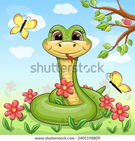 Cute cartoon green snake in nature. Vector illustration of animal in nature with red flowers, yellow butterflies, tree, blue sky and white clouds. Royalty-Free Stock Photo #2405198809