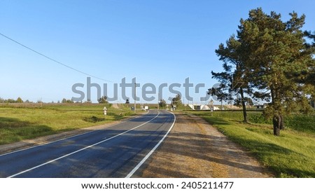 Asphalted road with markings crosses the railroad. There is a barrier and traffic light at the crossing. The crossing is marked with signs. Nearby grass lawns and trees. Autumn sunny weather