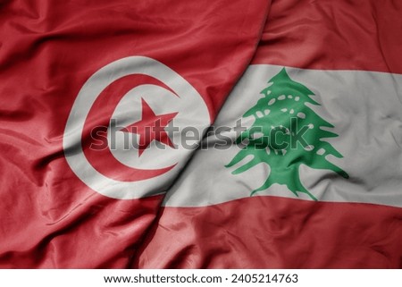 big waving national colorful flag of lebanon and national flag of tunisia . macro