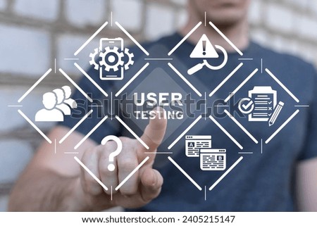 Man using virtual touch screen presses inscription: USER TESTING. Concept of user testing, experiences and feedback. Process of users test and discuss new app features, software new version.