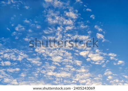 The natural beauty of fluffy puffy pinnate clouds floating lazily across the summer sky. Blue surrounds the billowing white masses as they drift through open space on a bright and overcast day.  Royalty-Free Stock Photo #2405243069