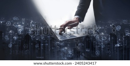 Digital marketing, IoT Internet of Things, Internet communication technology, business plan and strategy concept. Businessman using digital tablet with market research and smart communication icons