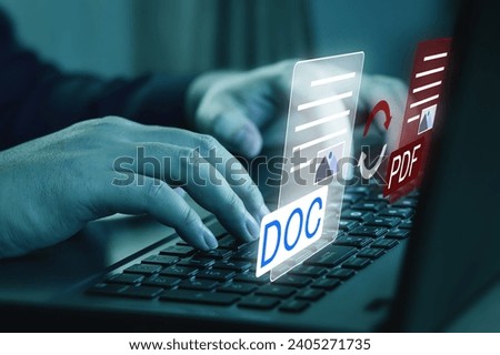 Convert PDF files with online programs. Users convert document files on platform using an internet connection at desks. concept of technology transforms documents into portable document formats. Royalty-Free Stock Photo #2405271735