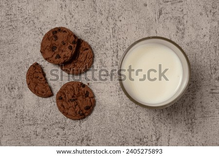 Cookies, Chocolate chip cookie isolated on white background. Horizontal orientation, top view, copy space. Selective focus.