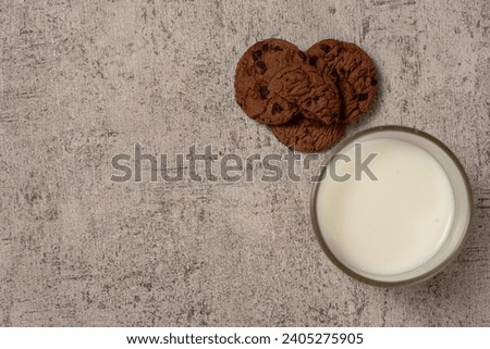 Cookies, Chocolate chip cookie isolated on white background. Horizontal orientation, top view, copy space. Selective focus.