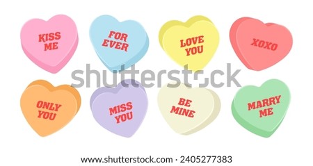 Sweet heart shape candy set. Valentines day concept. Isolated on white background. Different color bundle. Conversation, Love text. Romantic colorful element collection. Flat vector illustration.