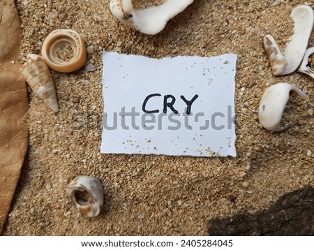 Cry writing on beach sand background.
