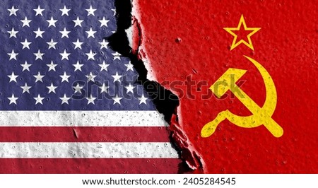 Both the American and Soviet flags were made from paint crackle patterns. Conceptual image depicting the Cold War between the two countries. double exposure hologram Royalty-Free Stock Photo #2405284545