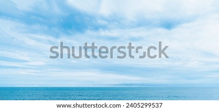 Sky Blue,Cloud Background,Horizon Clear Spring Sky in Morning by the beach,Beautiful landscape nature sunrise in Summer,Backdrop Banner panoramic banner white clouds over ocean blue