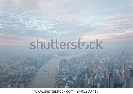 Aerial view of Shanghai skyline and cityscape at sunrise time, China.
