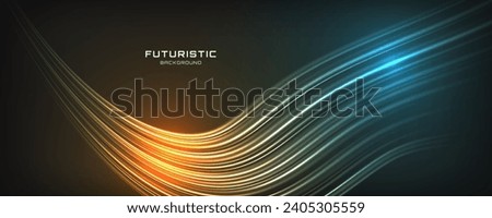 3D yellow blue techno background on dark space with glow lines effect shape decoration. Fast motion style. Modern graphic design element panoramic high speed concept for banner, card or brochure cover