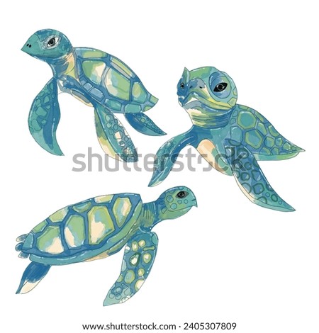 watercolor green big adorable turtles. Set of vector watercolor turtle. Watercolor sea turtle isolated on a white background.