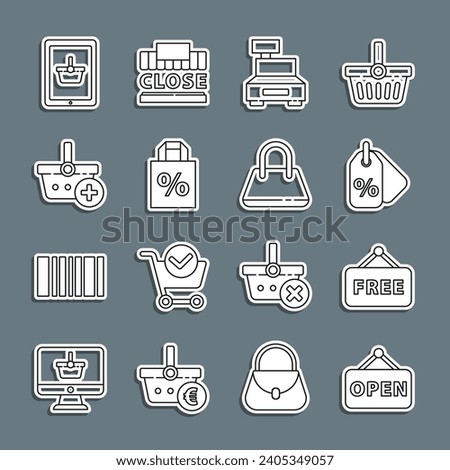 Set line Hanging sign with Open, Price tag text Free, Discount percent, Cash register machine, Shoping bag discount, Add to Shopping basket, on tablet and Handbag icon. Vector