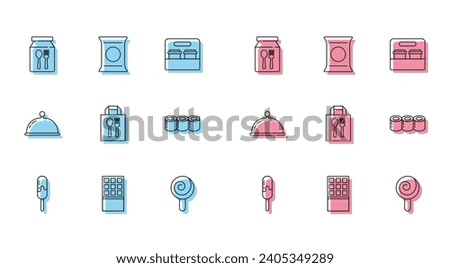 Set line Ice cream, Chocolate bar, Online ordering and delivery, Lollipop, Sushi, Covered with tray and Bag packet potato chips icon. Vector