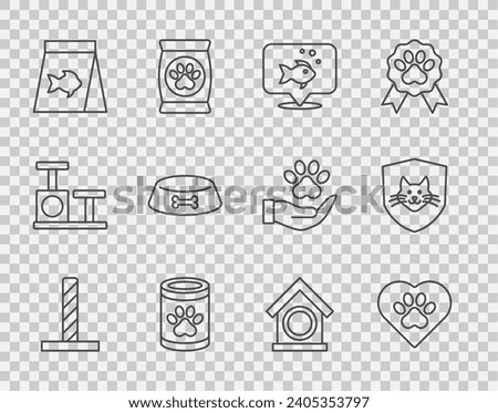 Set line Cat scratching post with toy, Heart animals footprint, Fish, Canned food, Food for fish, Pet bowl cat dog, Dog house and Animal health insurance icon. Vector