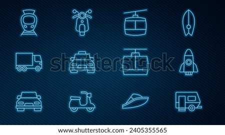 Set line Rv Camping trailer, Rocket ship, Cable car, Taxi, Delivery cargo truck, Tram and railway,  and Scooter icon. Vector