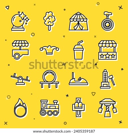 Set line Attraction carousel, Striker attraction with hammer, Ticket box office, Circus tent, Jester hat bells, Fast street food cart, Magic ball and Paper glass water icon. Vector Royalty-Free Stock Photo #2405359187