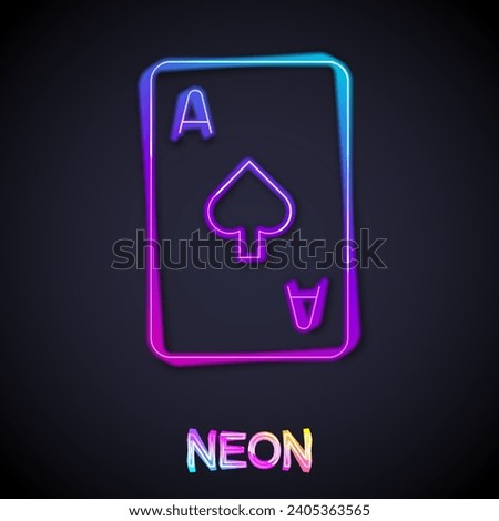 Glowing neon line Playing card with spades symbol icon isolated on black background. Casino gambling.  Vector