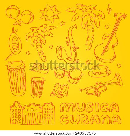 Cuban salsa music illustration with musical instruments, palms, traditional architecture. Vector modern and stylish design elements set