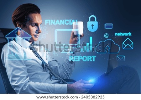 Attractive young businessman sitting, using laptop and drinking coffee with creative financial banking interface on blurry background. Marketing, finance and online bank app concept. Double exposure