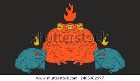 Toad with three eyes and flame on head. Magic or fantasy cartoon creature. Hand drawn vector illustration in retro style