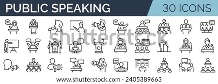 Set of 30 outline icons related to public speacking. Linear icon collection. Editable stroke. Vector illustration Royalty-Free Stock Photo #2405389663