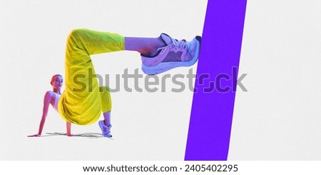 Contemporary art collage. Young female sportsman with long leg training hardly, stretching in motion. Concept of art, sport, hobby, fit people in action. Trendy magazine style. Championship 2024.