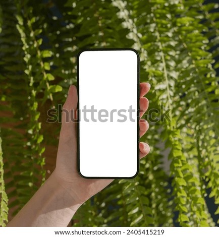 Hand holding mobile phone mockup. Smartphone mock-up on green leaf plant background