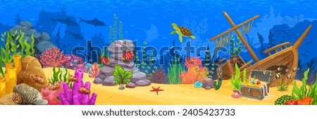 Underwater cartoon landscape. Animals, fish, seaweeds and corals. Underwater life background, aquarium or seascape vector backdrop with sunken ship, treasure chest and fish shoals, algae plants Royalty-Free Stock Photo #2405423733