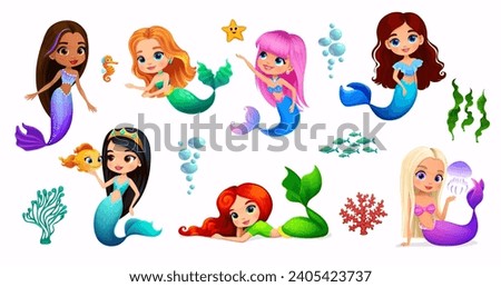 Cartoon mermaid characters of cute little sea princess with ocean water animals. Vector personages of fairy underwater girls, mermaids with fish, seahorse, starfish and corals, jellyfish and seaweed Royalty-Free Stock Photo #2405423737