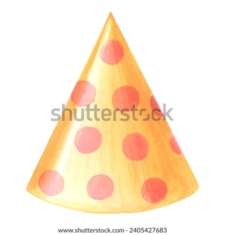 Watercolor yellow polka dot hat. Template of bright holiday cap illustration, festive accessories. Hand drawn clipart for card, wrapper, textile, birthday and holiday party decoration, packaging