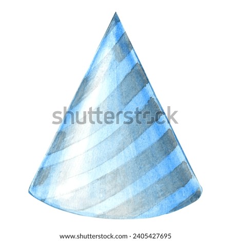 Watercolor blue party striped hat. Template of bright holiday cap illustration. Hand drawn clipart for card, wrapper, textile, birthday and holiday party decoration, printing sticker and packaging