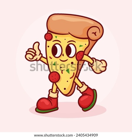 Pizza Retro Cartoon Mascot Illustration. Hand Drawn Fast Food
