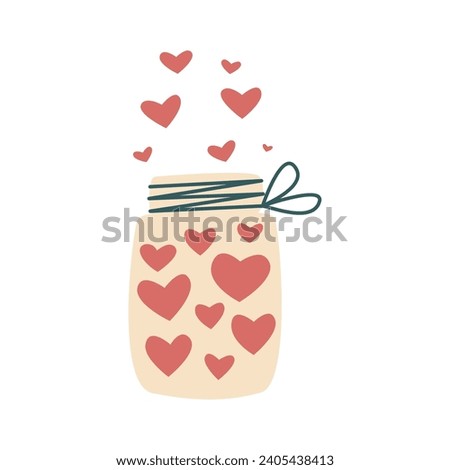 Glass jar with hearts clip art. Giving good concept. Cute hand drawn simple illustration, symbol of love. Valentines day and wedding, isolated vector
