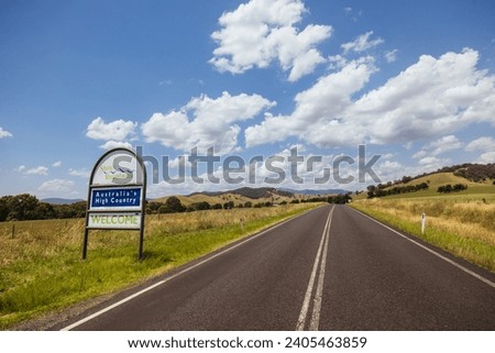 The Kosciusko National Park and Snowy Mountains entrance sign on a summer's day in New South Wales, Australia