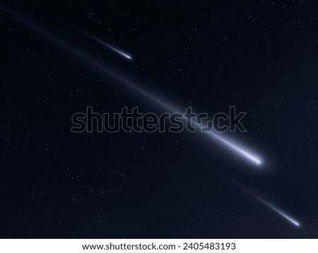 Fireballs on a starry background. Meteors in the sky at night. Bright meteorites in the atmosphere.