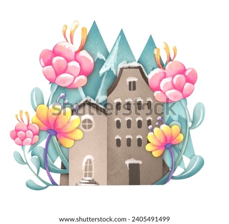suburban stone European house set isolated on white background. Watercolor illustration of winter vintage brick house with flowers, Christmas tree. estate architecture, Cozy residence