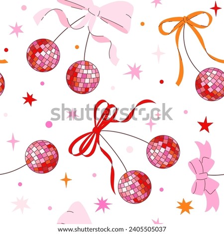 Seamless pattern with Disco mirror ball cherry with bow in cartoon style. Cute trendy design. Vector funky illustration. Ballet-core, coquette-core background.  
