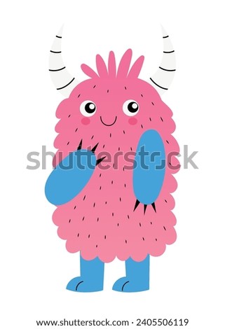 Cute fuzzy monster character with horns and pink fur, hand drawn isolated vector illustration